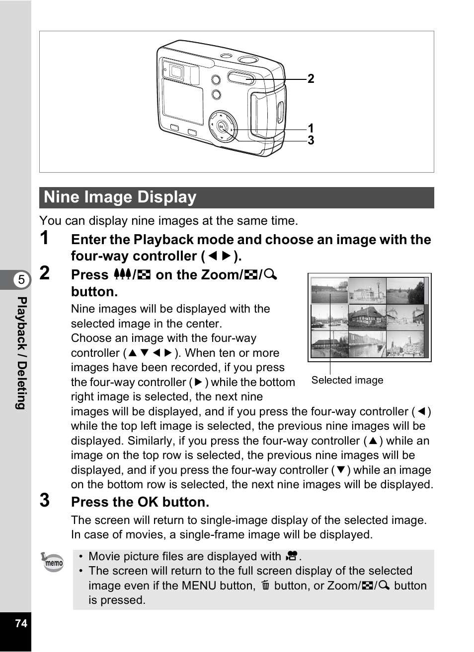 Nine image display, P.74 | Pentax 30 User Manual | Page 76 / 116