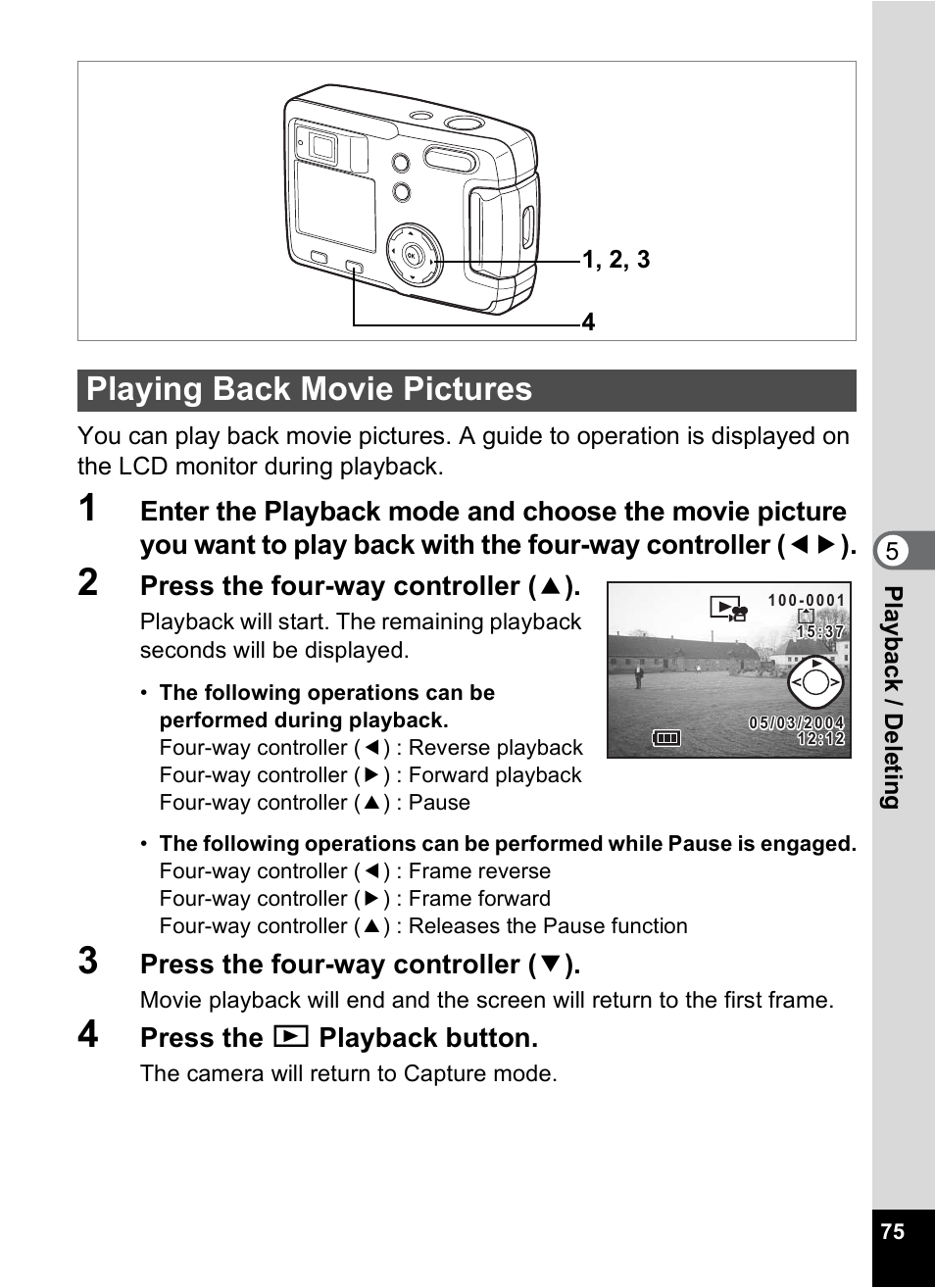 Playing back movie pictures | Pentax 30 User Manual | Page 77 / 116