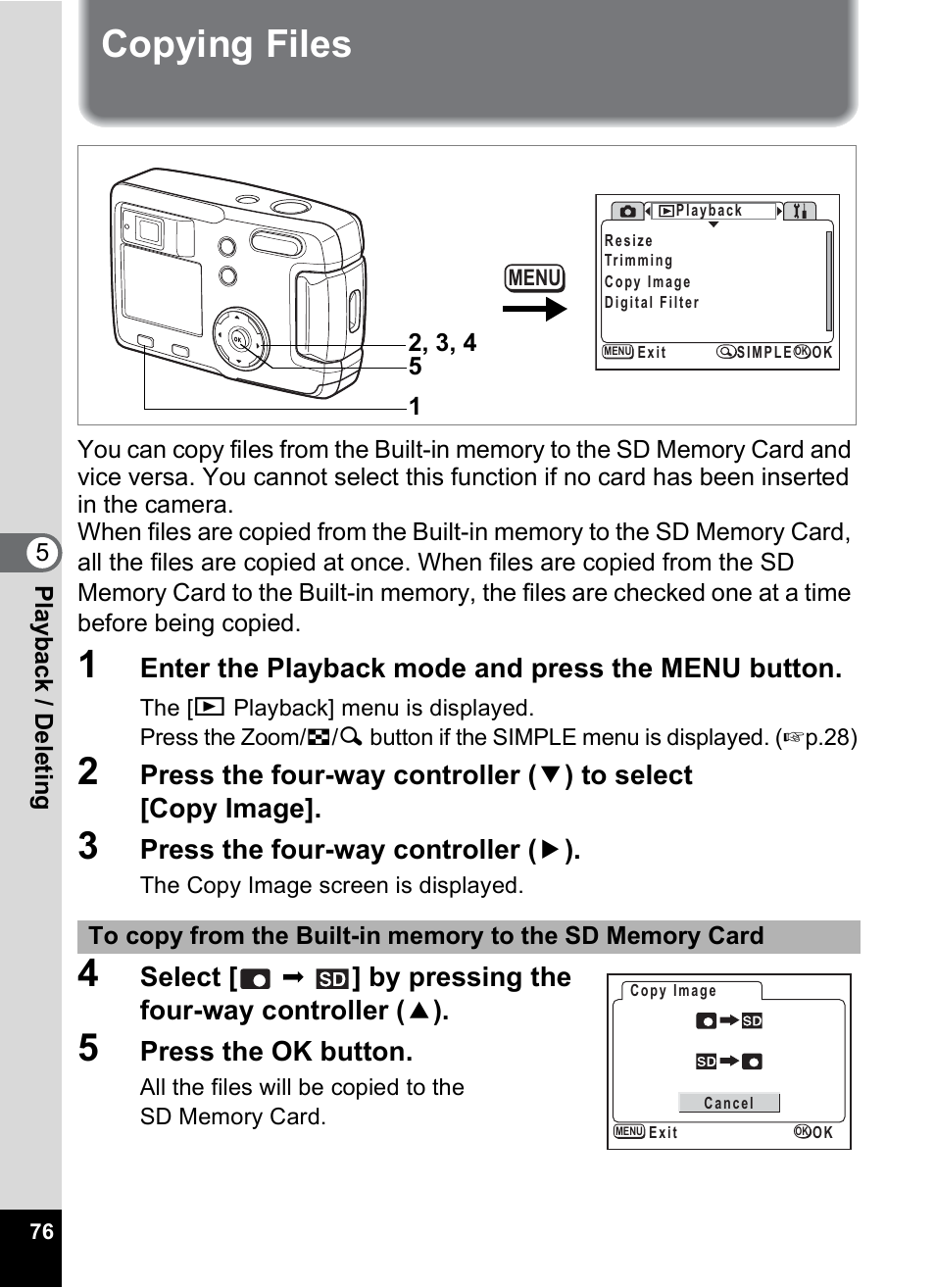 Copying files, P.76, Enter the playback mode and press the menu button | Press the four-way controller ( 5 ), Press the ok button | Pentax 30 User Manual | Page 78 / 116