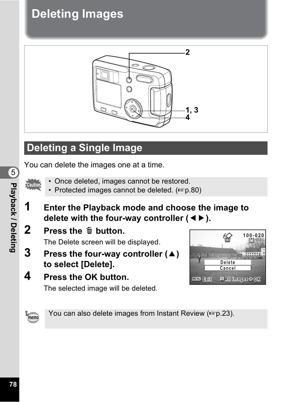 Deleting images, Deleting a single image, P.78 | Press the i button, Press the ok button | Pentax 30 User Manual | Page 80 / 116