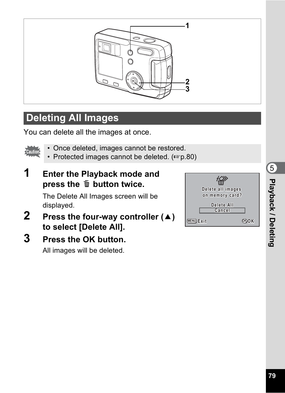 Deleting all images, Press the ok button | Pentax 30 User Manual | Page 81 / 116