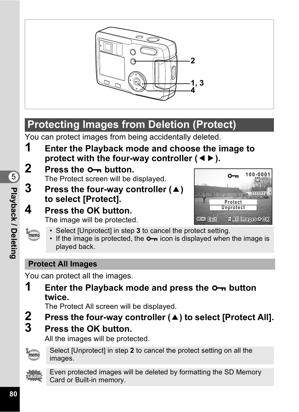 Protecting images from deletion (protect), P.80 | Pentax 30 User Manual | Page 82 / 116