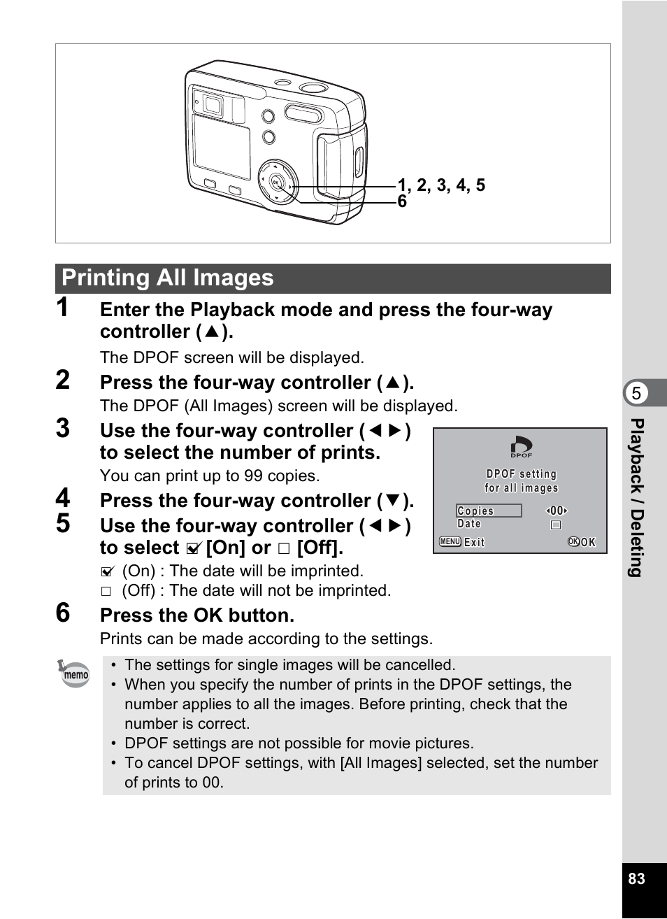 Printing all images, Press the four-way controller ( 2 ), Press the four-way controller ( 3 ) | Press the ok button | Pentax 30 User Manual | Page 85 / 116