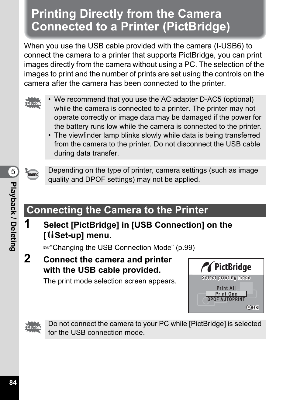 Connecting the camera to the printer | Pentax 30 User Manual | Page 86 / 116