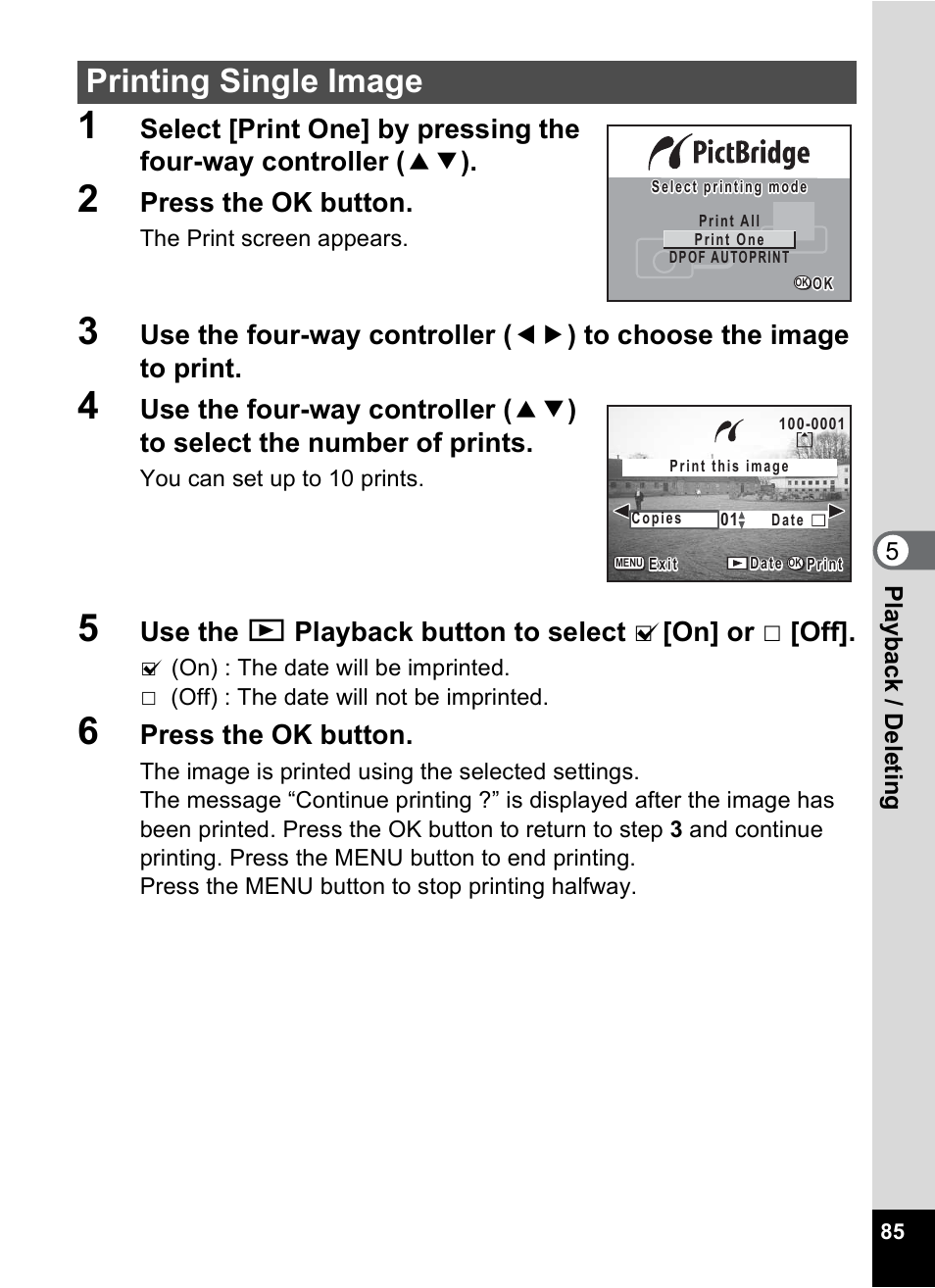 Printing single image, Press the ok button | Pentax 30 User Manual | Page 87 / 116