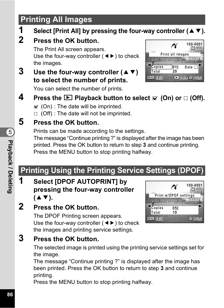 Printing all images, Press the ok button | Pentax 30 User Manual | Page 88 / 116