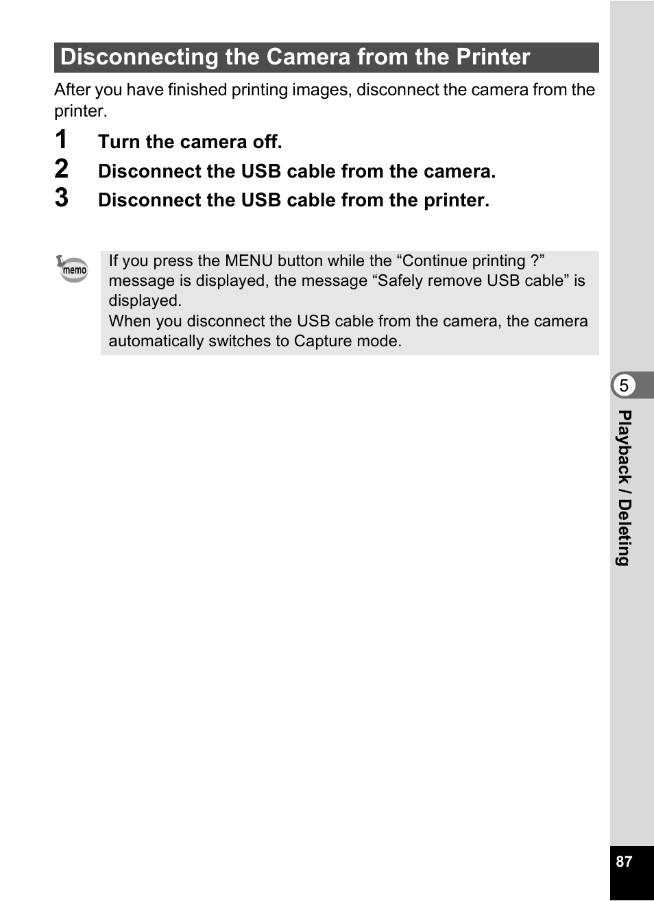 Disconnecting the camera from the printer | Pentax 30 User Manual | Page 89 / 116