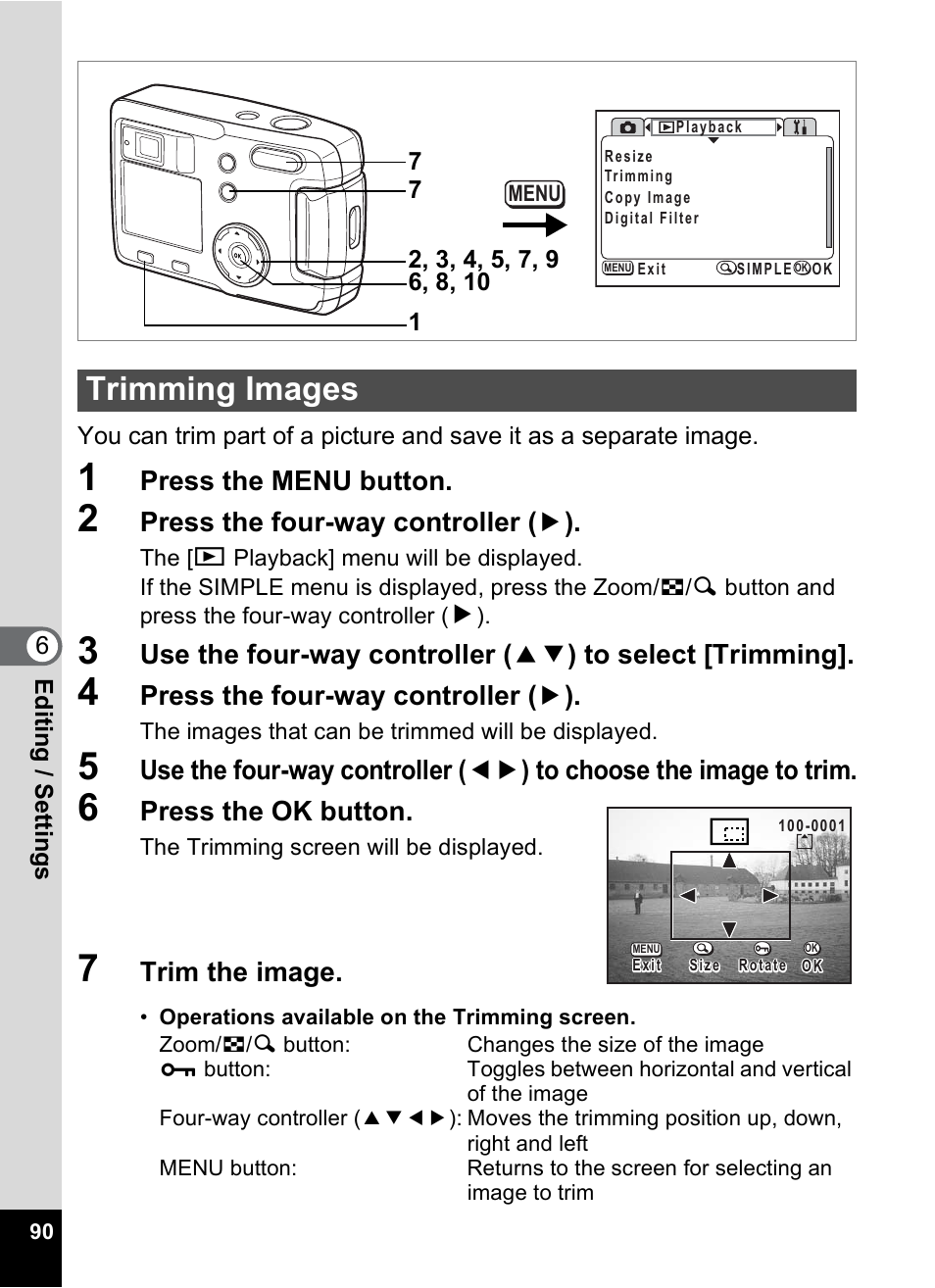 Trimming images, P.90, Press the menu button | Press the four-way controller ( 5 ), Press the ok button, Trim the image | Pentax 30 User Manual | Page 92 / 116