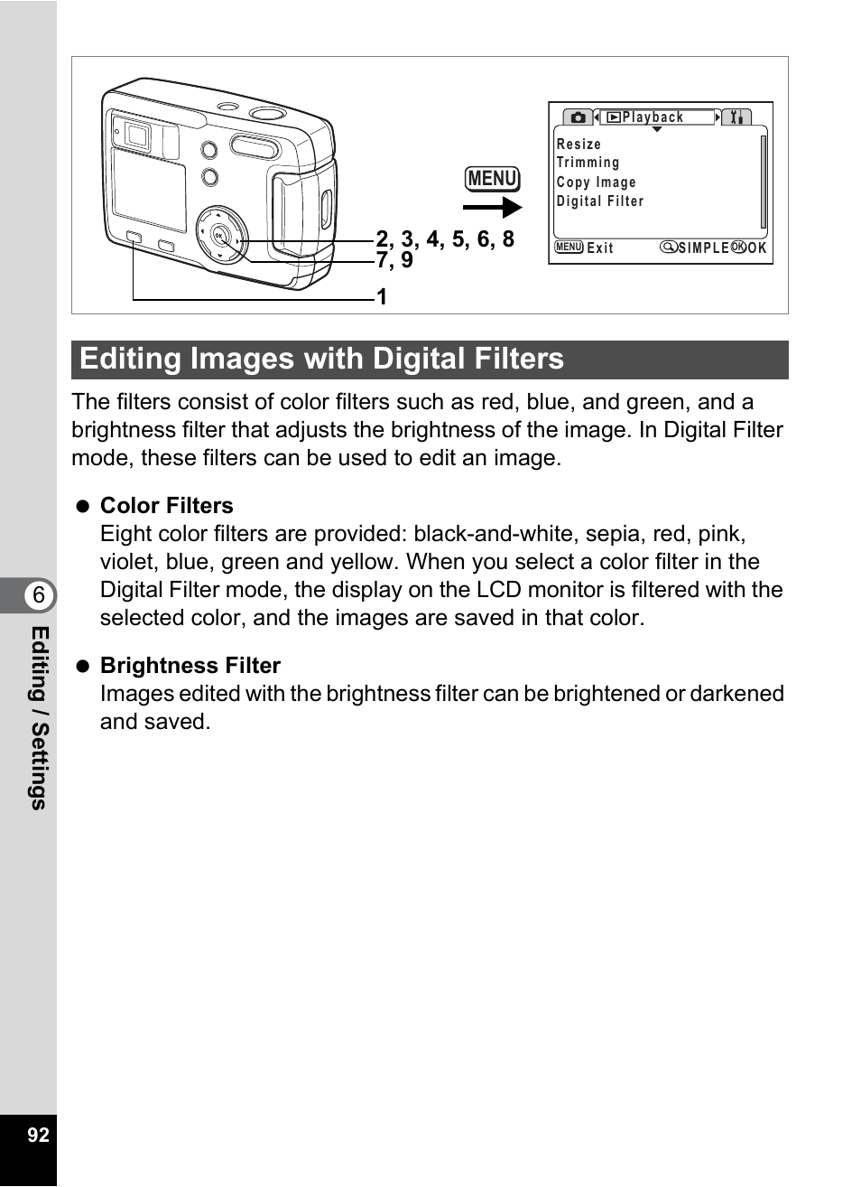 Editing images with digital filters, P.92 | Pentax 30 User Manual | Page 94 / 116