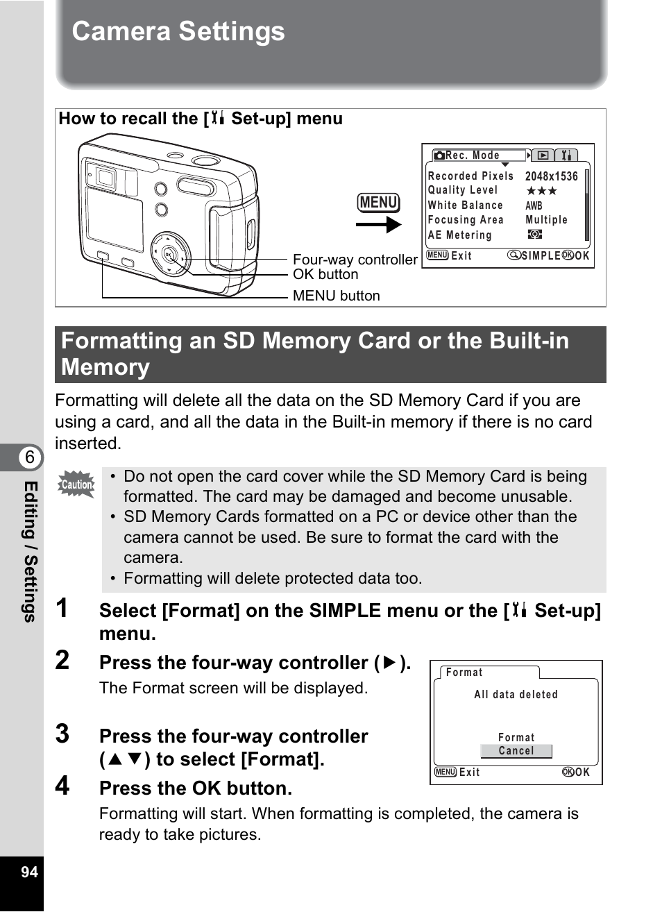 Camera settings, P.94, Press the four-way controller ( 5 ) | Press the ok button | Pentax 30 User Manual | Page 96 / 116
