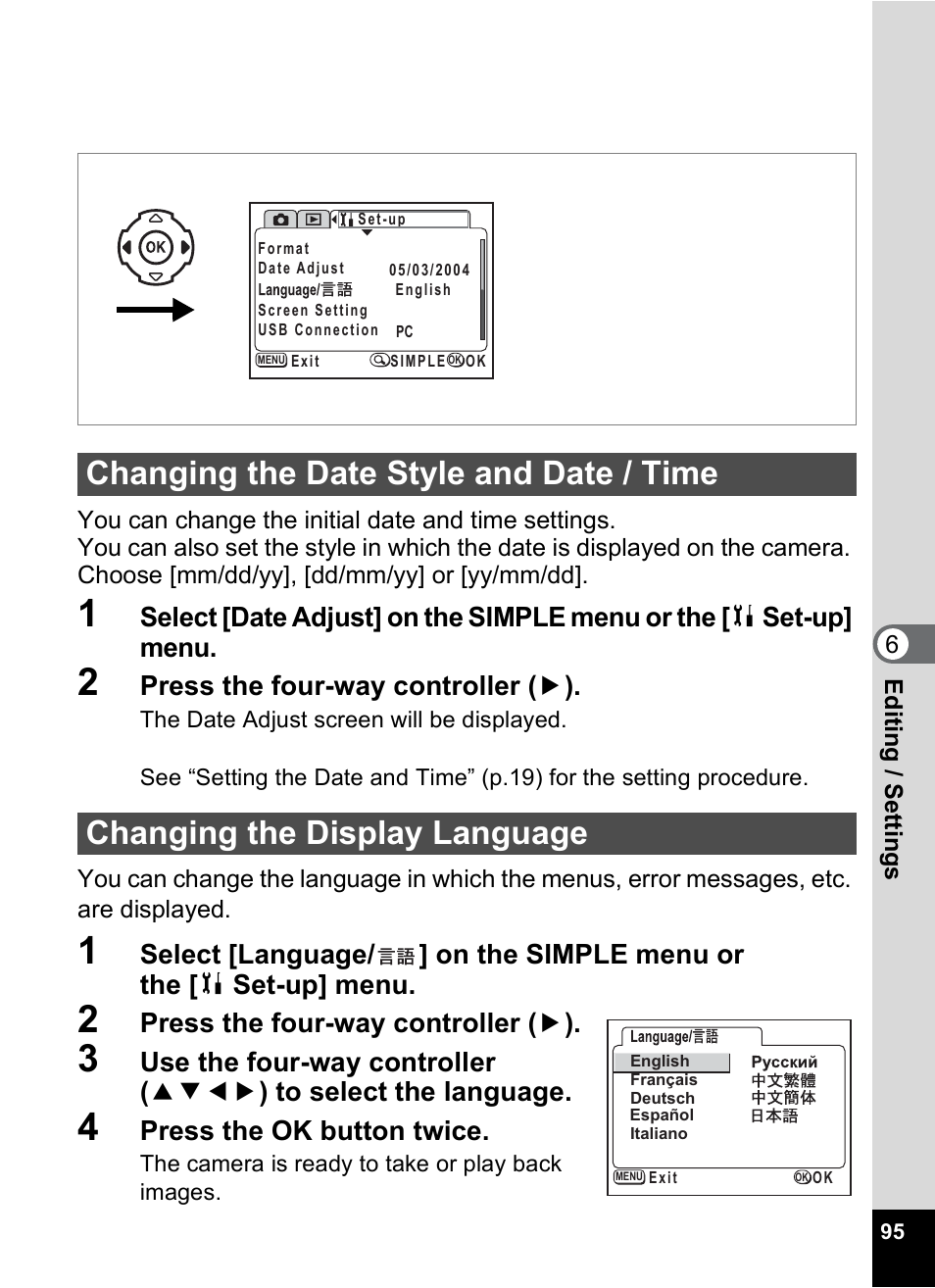 Changing the date style and date / time, Changing the display language, Changing the date style and date / time” (p.95) | P.95 | Pentax 30 User Manual | Page 97 / 116