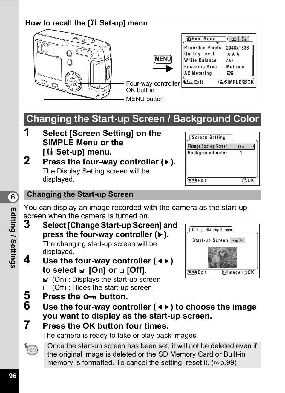 Changing the start-up screen / background color, P.96, Press the four-way controller | Use the four-way controller, On] or, Press the z button, Press the ok button four times | Pentax 30 User Manual | Page 98 / 116