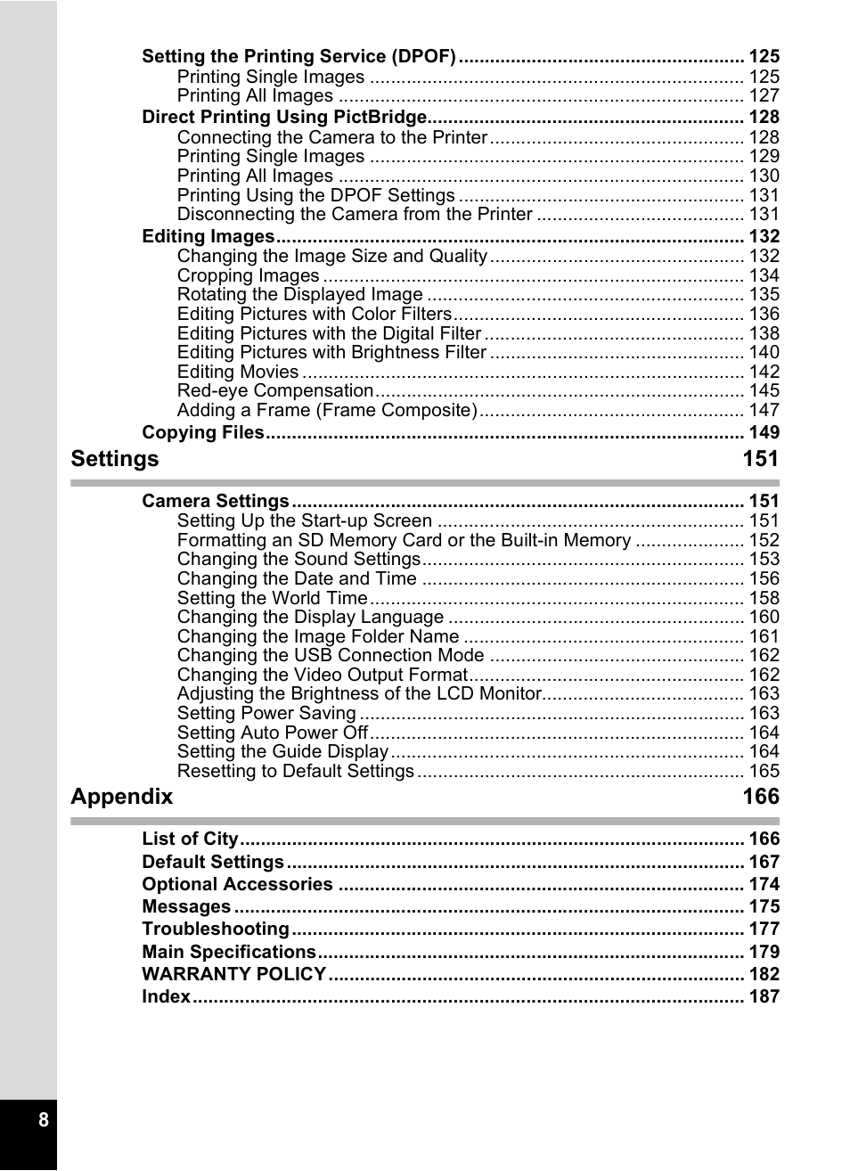 Settings 151, Appendix 166 | Pentax Optios7 User Manual | Page 10 / 192