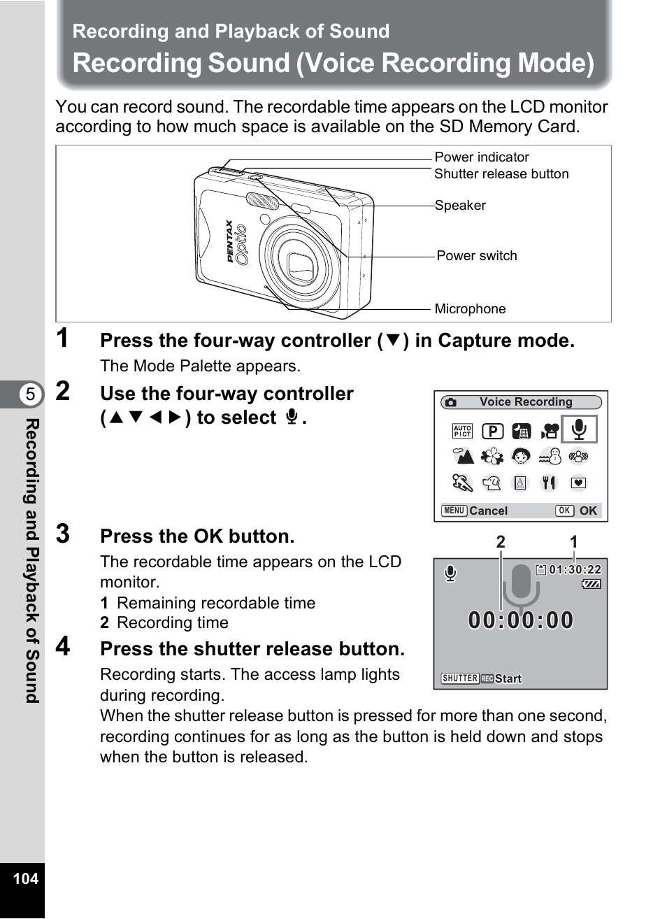 Recording and playback of sound, Recording sound (voice recording mode), P.104 | Pentax Optios7 User Manual | Page 106 / 192