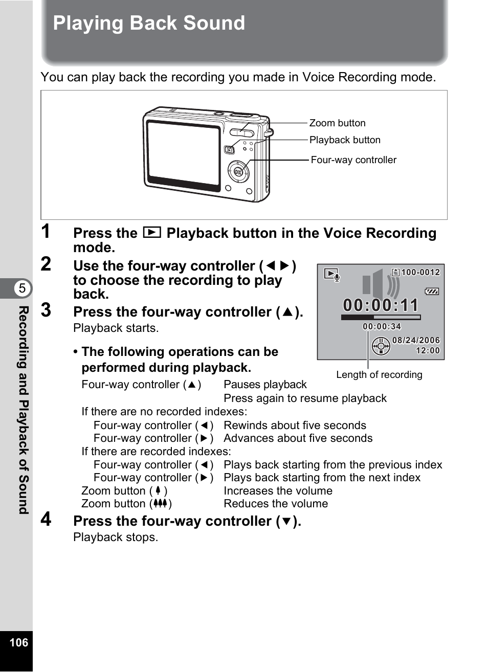 Playing back sound, Press the four-way controller ( 2 ), Press the four-way controller | Pentax Optios7 User Manual | Page 108 / 192