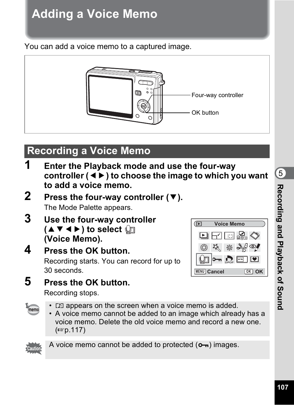 Adding a voice memo, Recording a voice memo, P.107 | Pentax Optios7 User Manual | Page 109 / 192