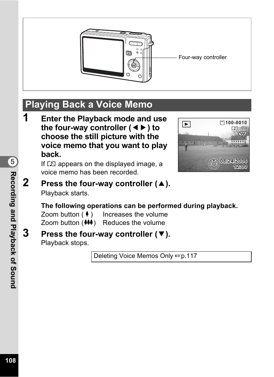 Playing back a voice memo | Pentax Optios7 User Manual | Page 110 / 192