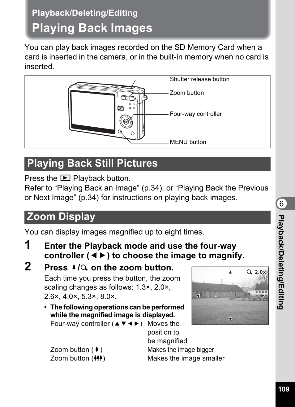 Playback/deleting/editing, Playing back images, Playing back still pictures | Zoom display, P.109, 1p.109), P.109), Playing back still pictures zoom display | Pentax Optios7 User Manual | Page 111 / 192