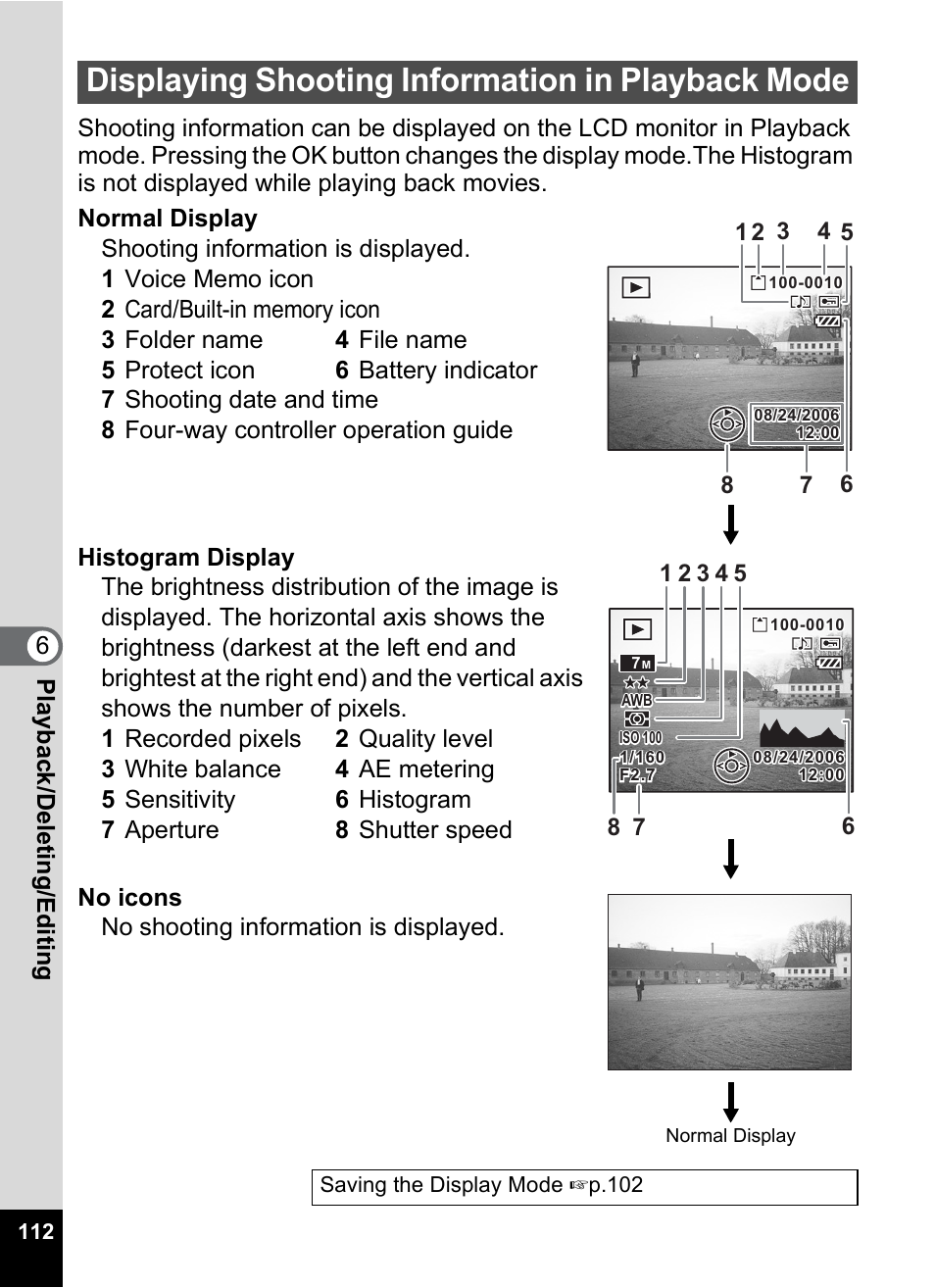 Displaying shooting information in playback mode, P.112) | Pentax Optios7 User Manual | Page 114 / 192