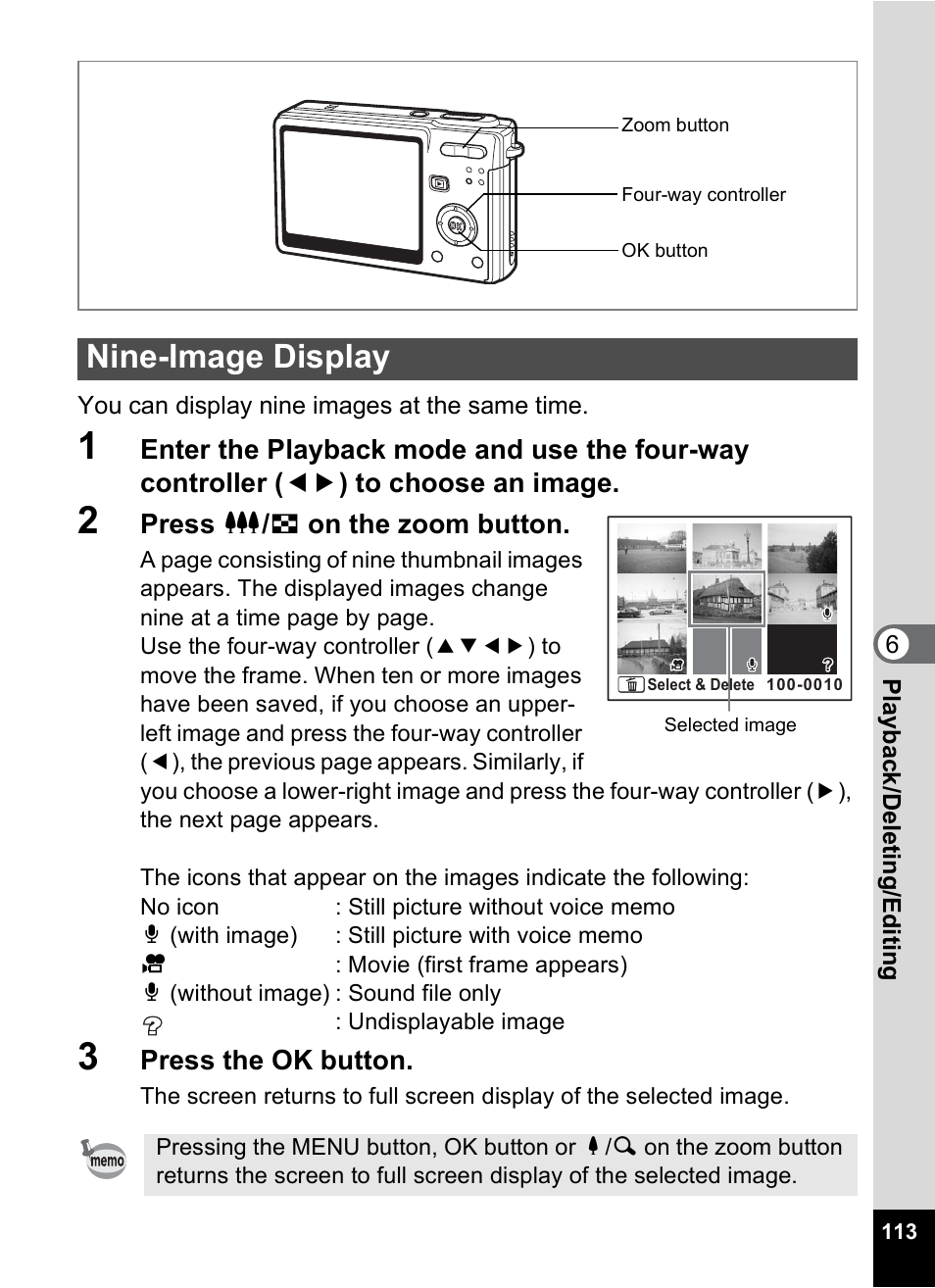 Nine-image display, P.113) | Pentax Optios7 User Manual | Page 115 / 192