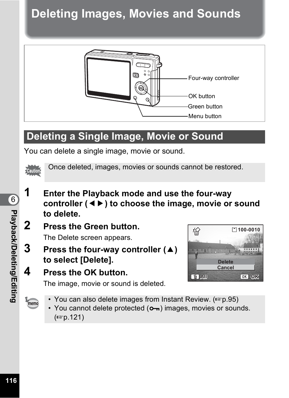 Deleting images, movies and sounds, Deleting a single image, movie or sound, P.116 | P.116), Press the green button, Press the ok button | Pentax Optios7 User Manual | Page 118 / 192