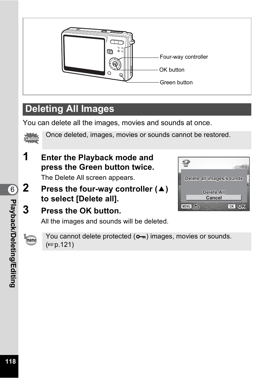 Deleting all images, Press the ok button | Pentax Optios7 User Manual | Page 120 / 192