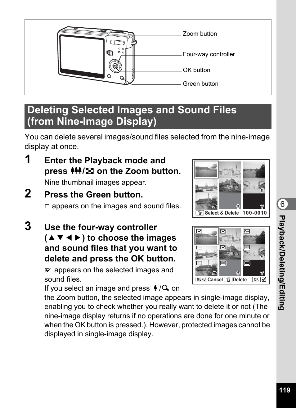 Deleting selected images and sound files, From nine-image display), Press the green button | Pentax Optios7 User Manual | Page 121 / 192