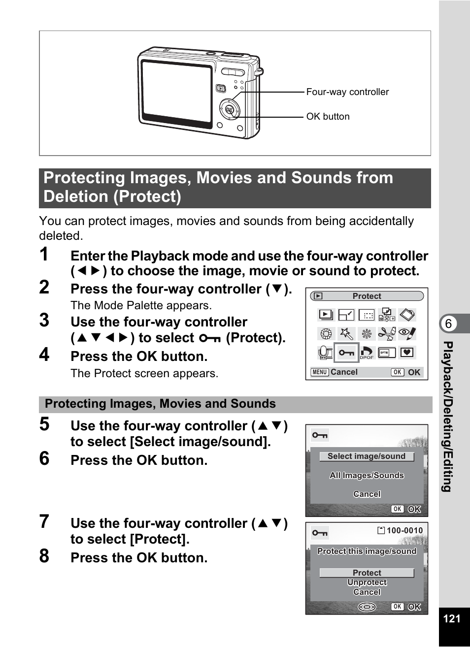 P.121, Press the four-way controller ( 3 ), Press the ok button | Pentax Optios7 User Manual | Page 123 / 192
