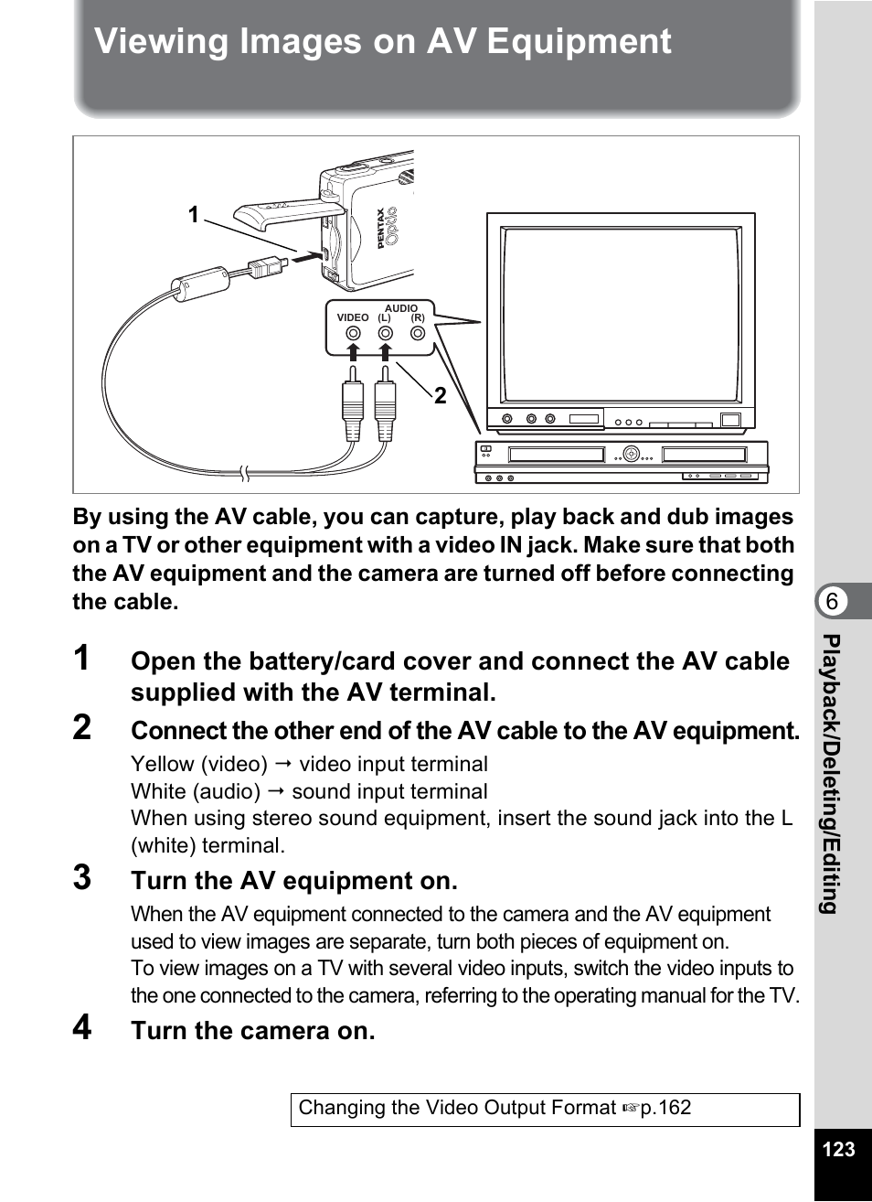 Viewing images on av equipment | Pentax Optios7 User Manual | Page 125 / 192