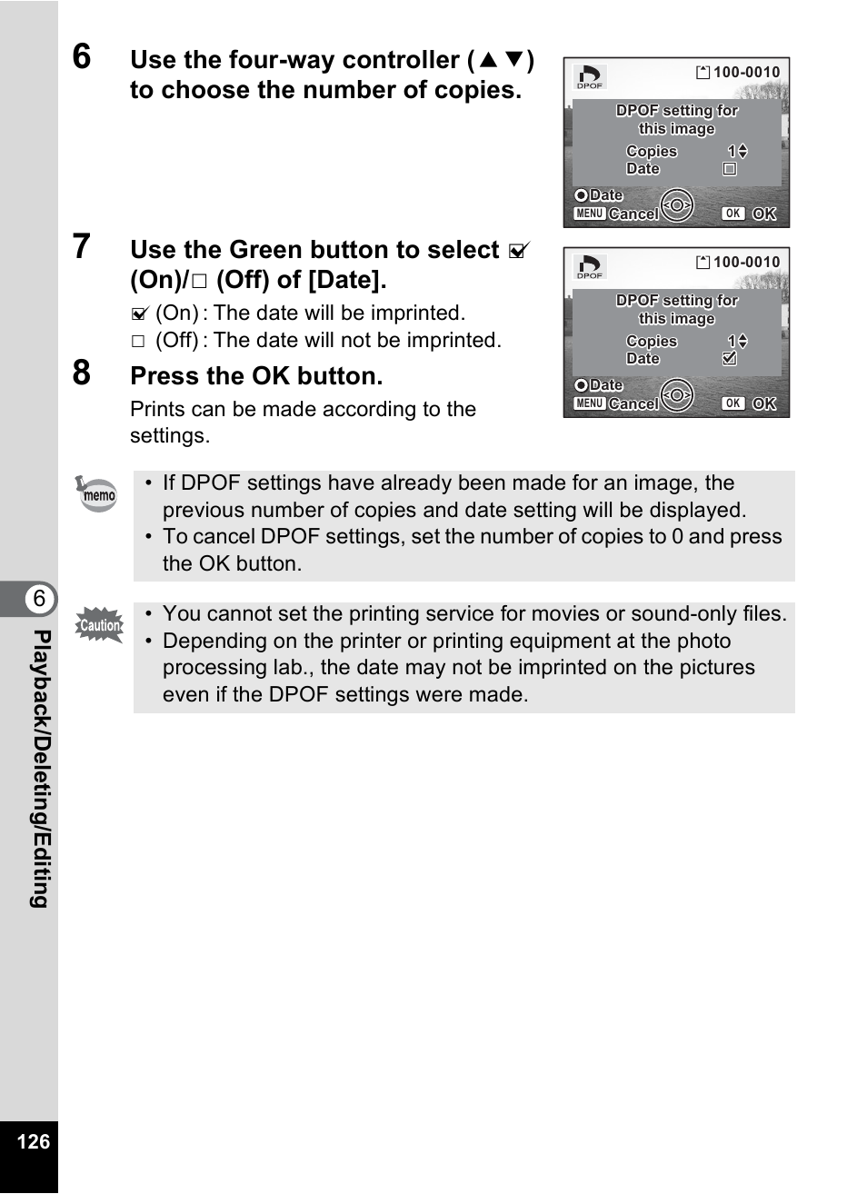 Press the ok button, 6play bac k /d el eting /editi n g | Pentax Optios7 User Manual | Page 128 / 192