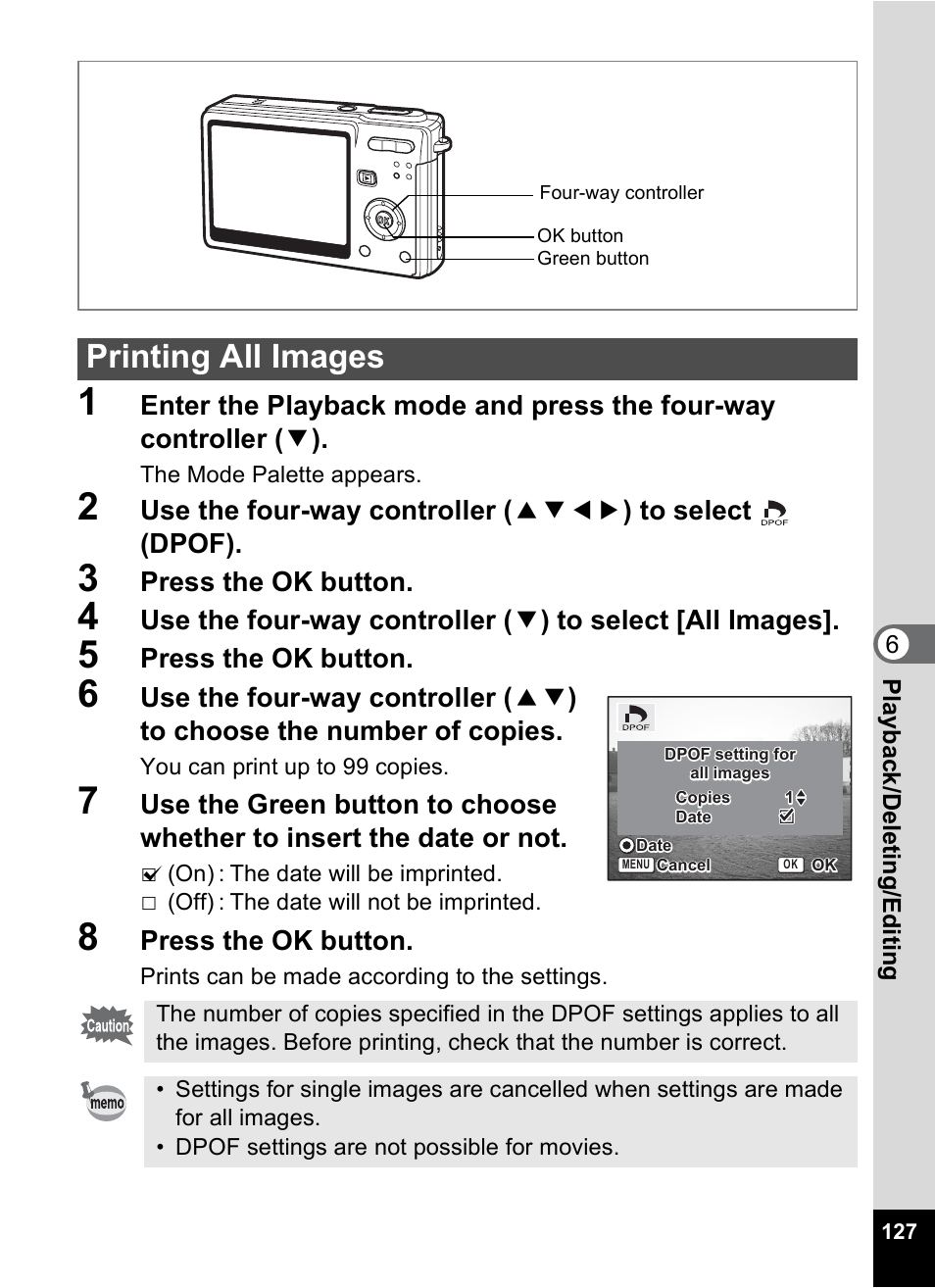 Printing all images, Press the ok button | Pentax Optios7 User Manual | Page 129 / 192