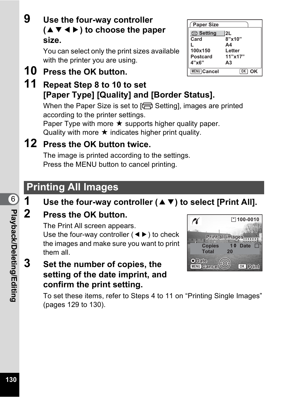 Printing all images, Press the ok button, Press the ok button twice | 6play bac k /d el eting /editi n g | Pentax Optios7 User Manual | Page 132 / 192