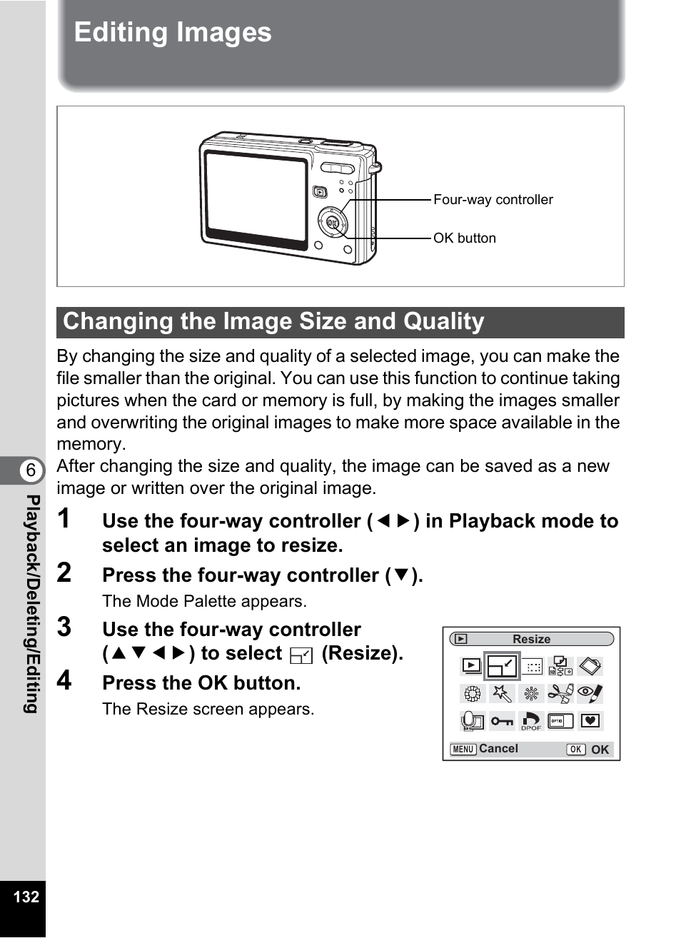 Editing images, Changing the image size and quality, P.132 | Pentax Optios7 User Manual | Page 134 / 192