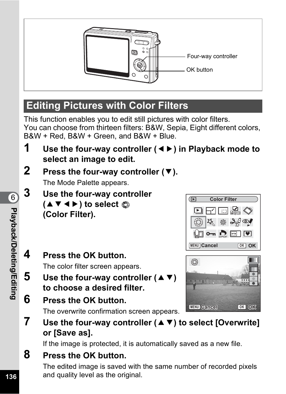 Editing pictures with color filters, P.136 | Pentax Optios7 User Manual | Page 138 / 192