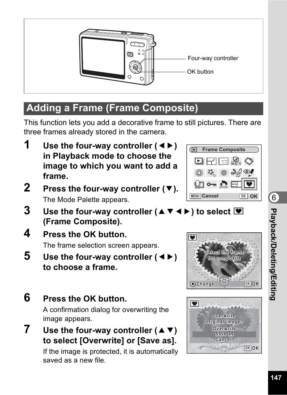 Adding a frame (frame composite), P.147, Press the four-way controller ( 3 ) | Press the ok button | Pentax Optios7 User Manual | Page 149 / 192