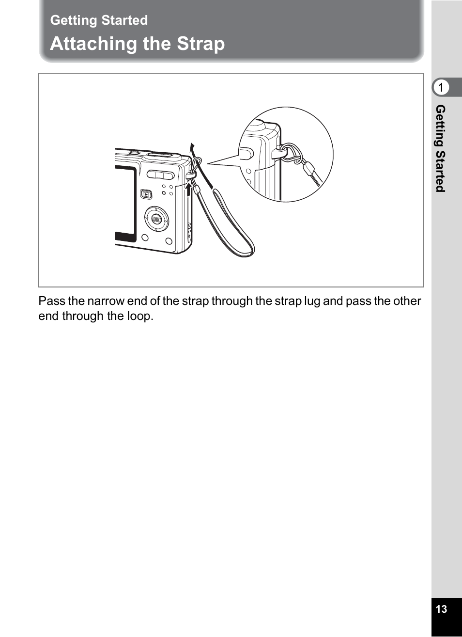 Getting started, Attaching the strap | Pentax Optios7 User Manual | Page 15 / 192