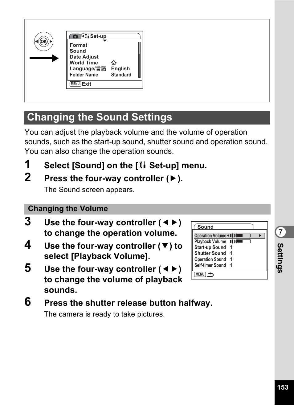 Changing the sound settings, P.153 | Pentax Optios7 User Manual | Page 155 / 192