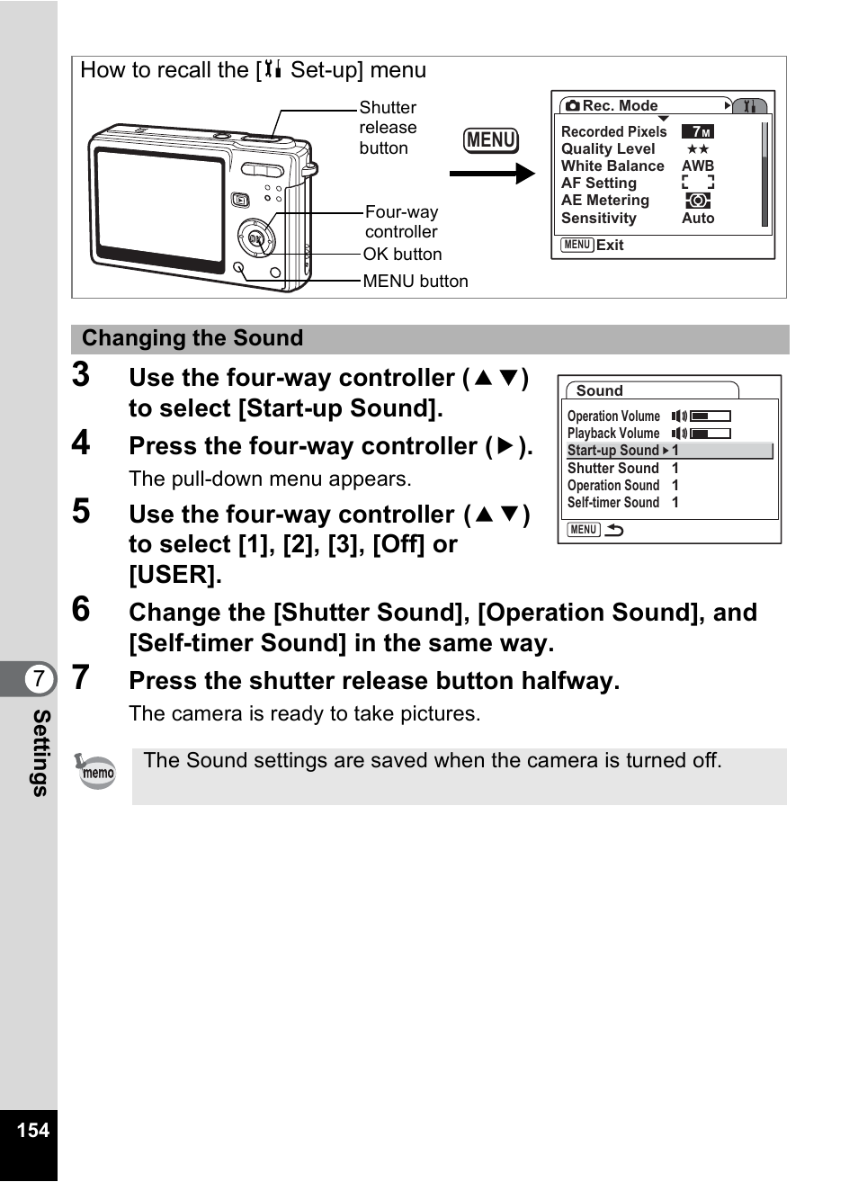 Press the four-way controller ( 5 ), Press the shutter release button halfway | Pentax Optios7 User Manual | Page 156 / 192