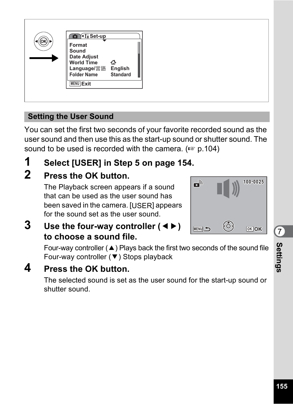 Select [user] in step 5 on page 154, Press the ok button | Pentax Optios7 User Manual | Page 157 / 192