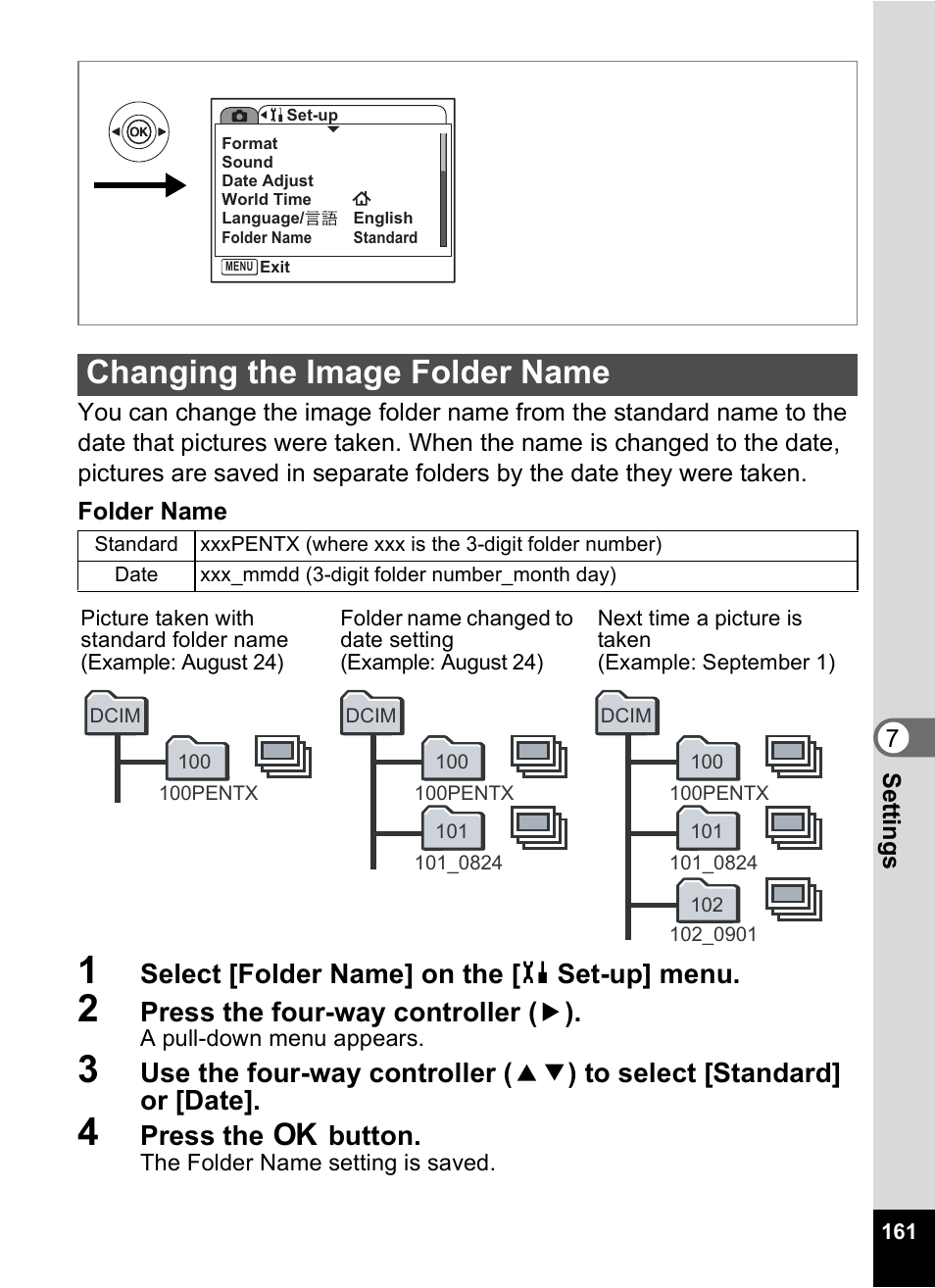 Changing the image folder name, P.161, Select [folder name] on the [ h set-up] menu | Press the four-way controller ( 5 ), Press the 4 button | Pentax Optios7 User Manual | Page 163 / 192