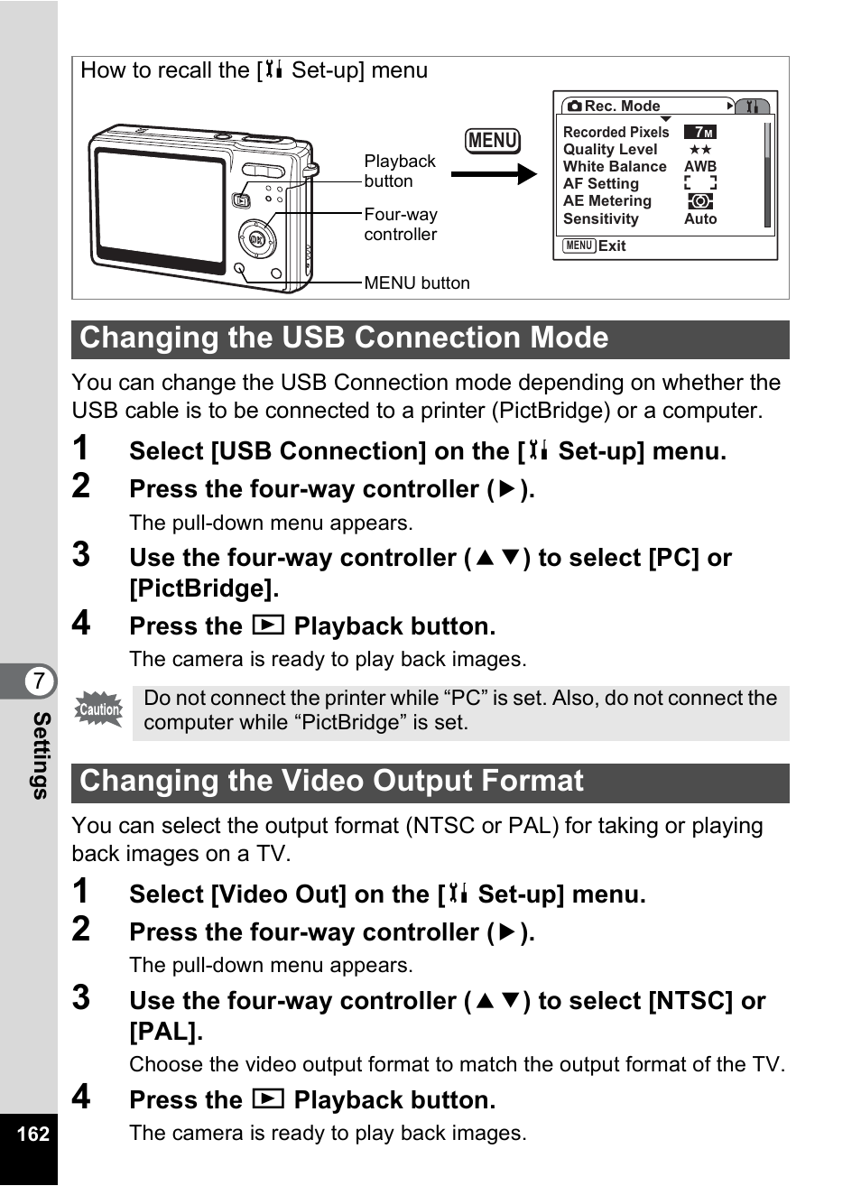 Changing the usb connection mode, Changing the video output format, P.162) | P.162 | Pentax Optios7 User Manual | Page 164 / 192