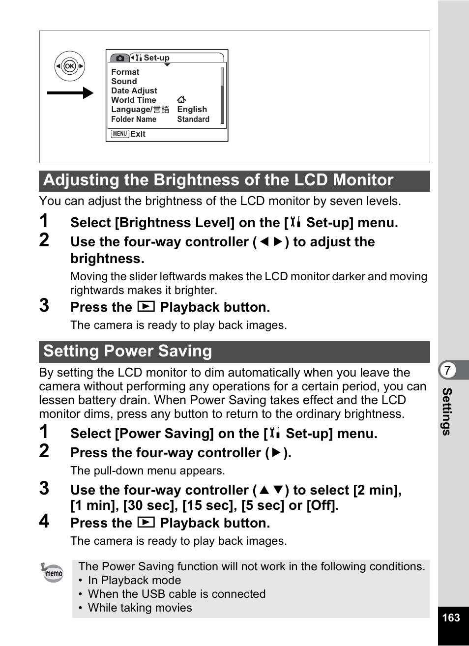 Adjusting the brightness of the lcd monitor, Setting power saving, P.163 | Pentax Optios7 User Manual | Page 165 / 192