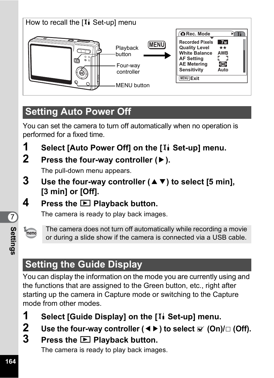 Setting auto power off, Setting the guide display, P.164 | Pentax Optios7 User Manual | Page 166 / 192