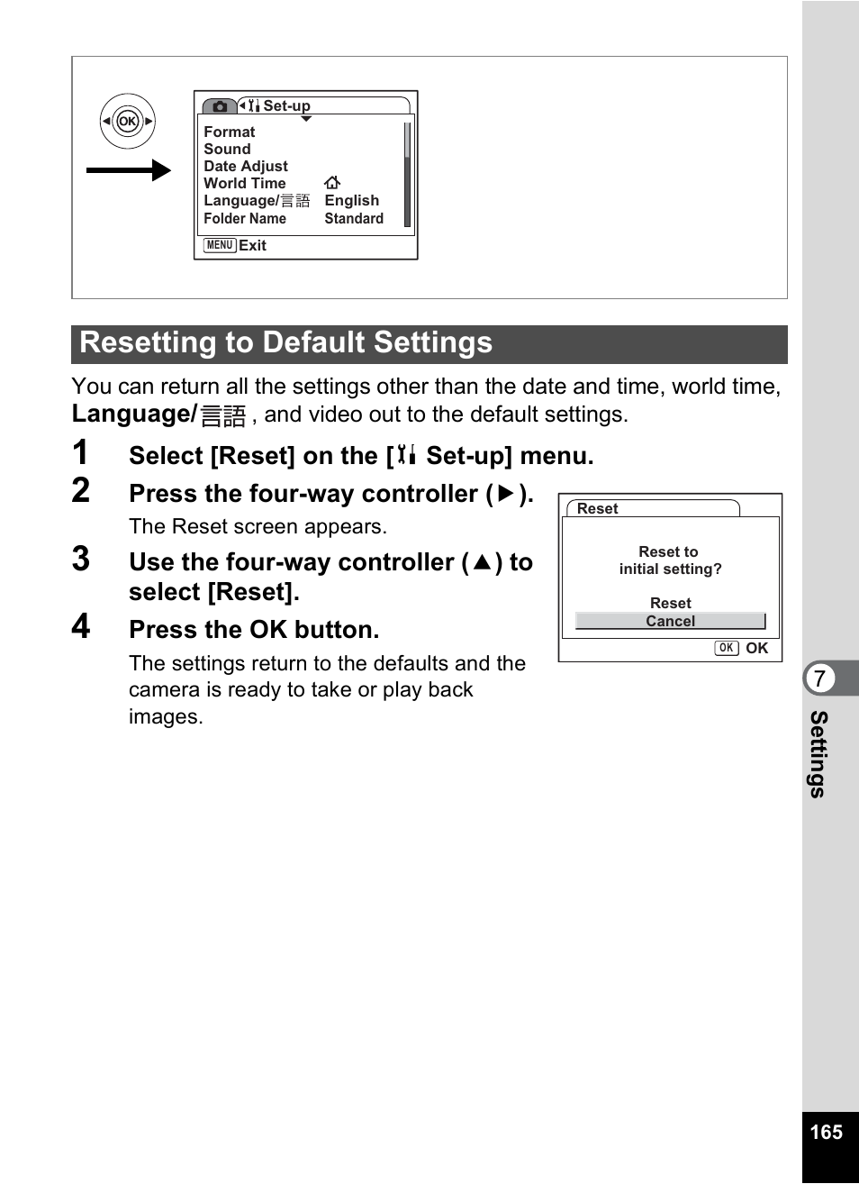 Resetting to default settings, P.165, Language | Select [reset] on the [ b set-up] menu, Press the four-way controller ( 5 ), Use the four-way controller ( 2 ) to select [reset, Press the ok button | Pentax Optios7 User Manual | Page 167 / 192