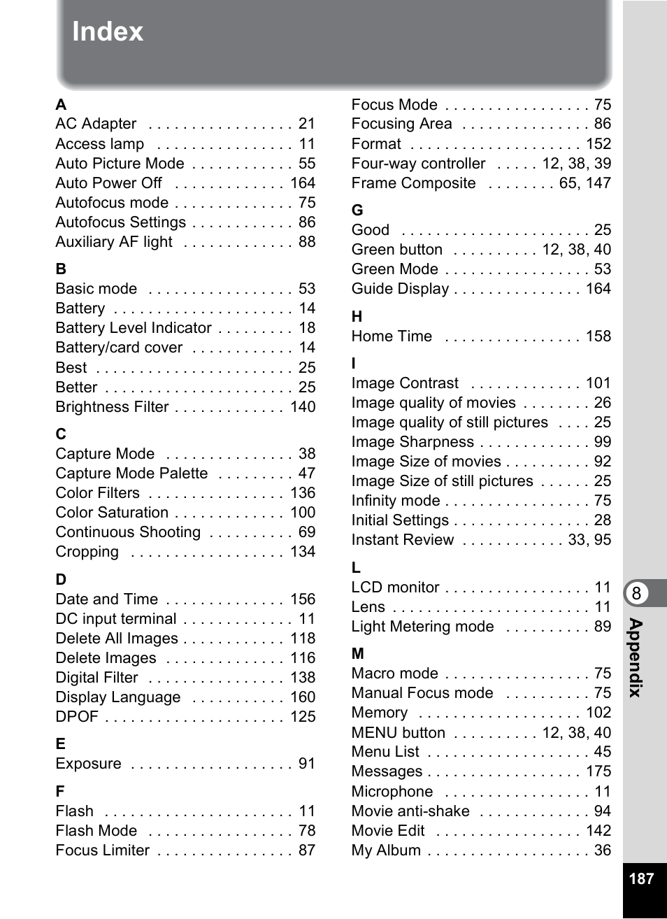 Index | Pentax Optios7 User Manual | Page 189 / 192