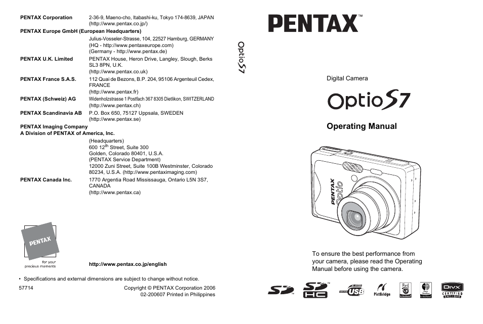 Operating manual, Digital camera | Pentax Optios7 User Manual | Page 192 / 192