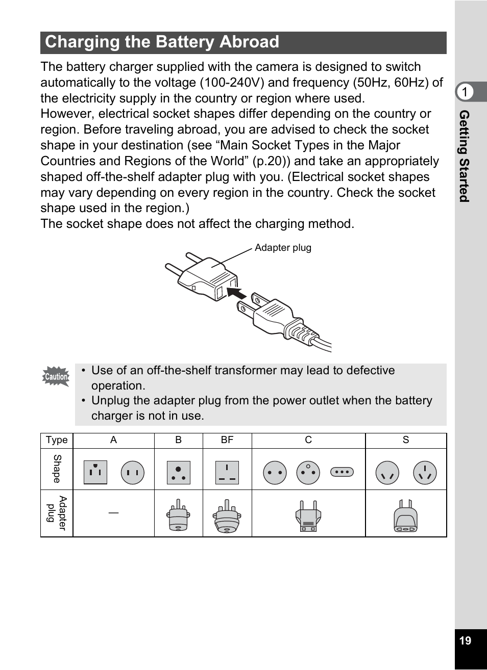 Charging the battery abroad | Pentax Optios7 User Manual | Page 21 / 192