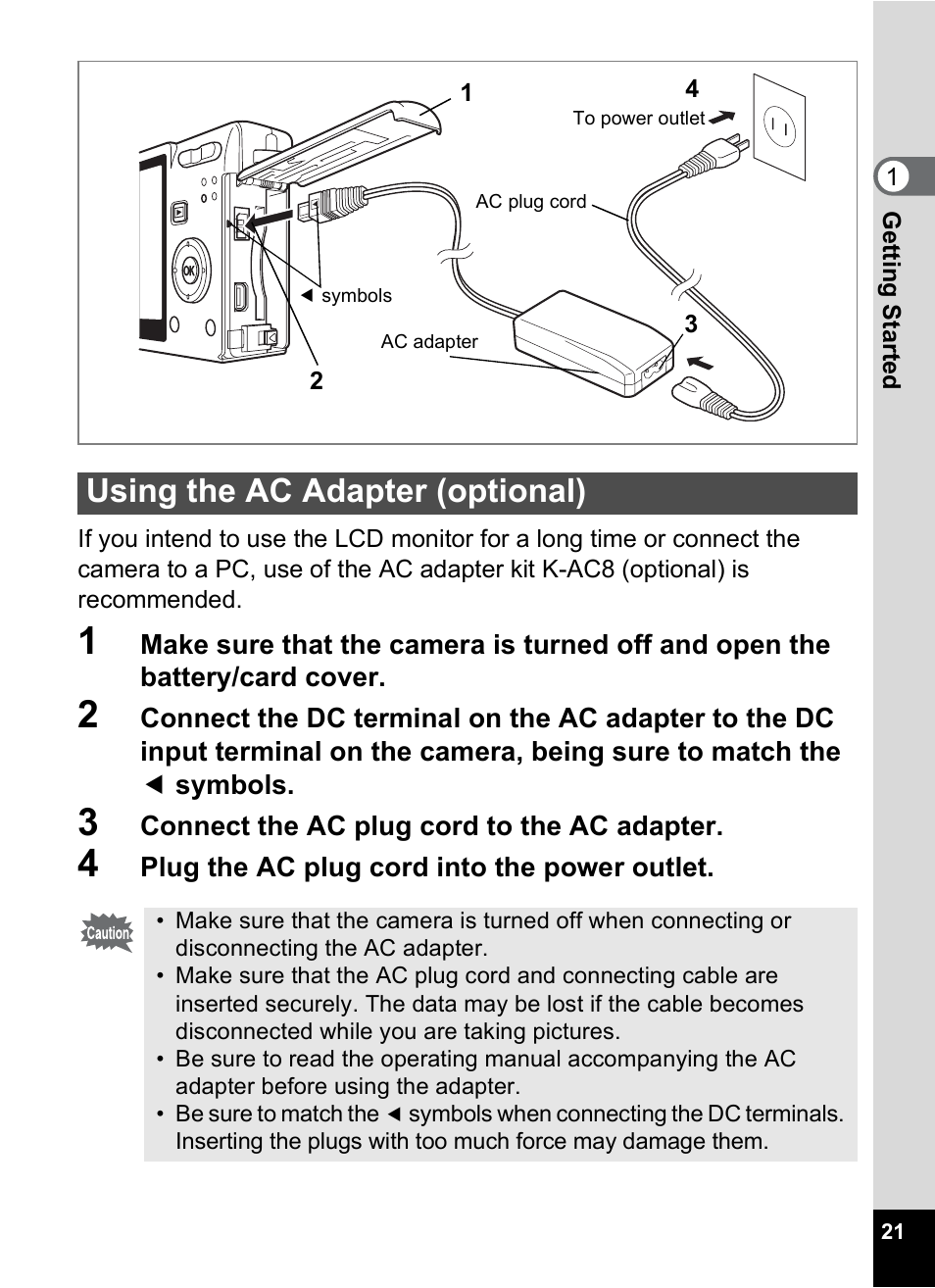 Using the ac adapter (optional) | Pentax Optios7 User Manual | Page 23 / 192