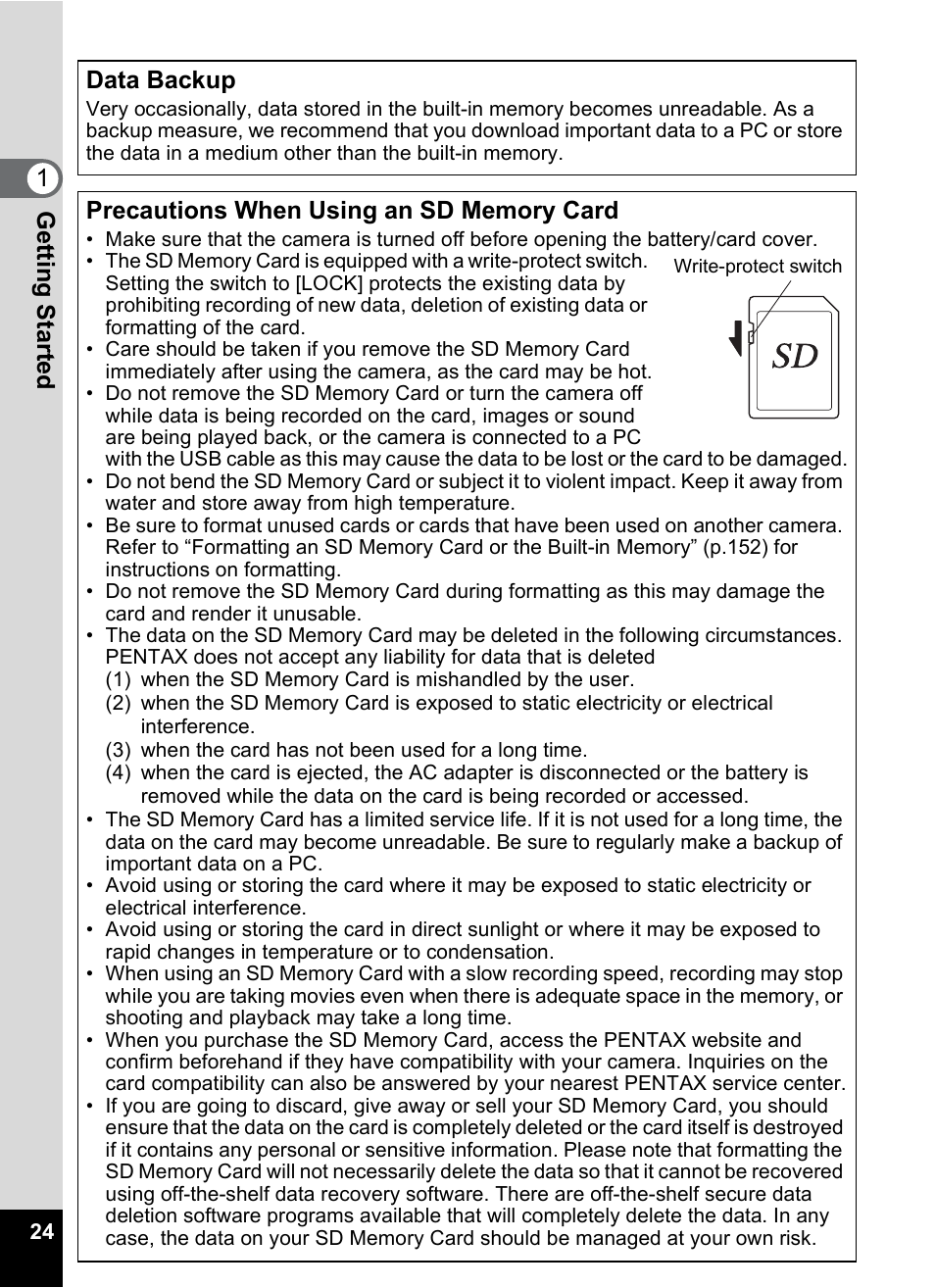 Gettin g sta rte d 1 data backup | Pentax Optios7 User Manual | Page 26 / 192