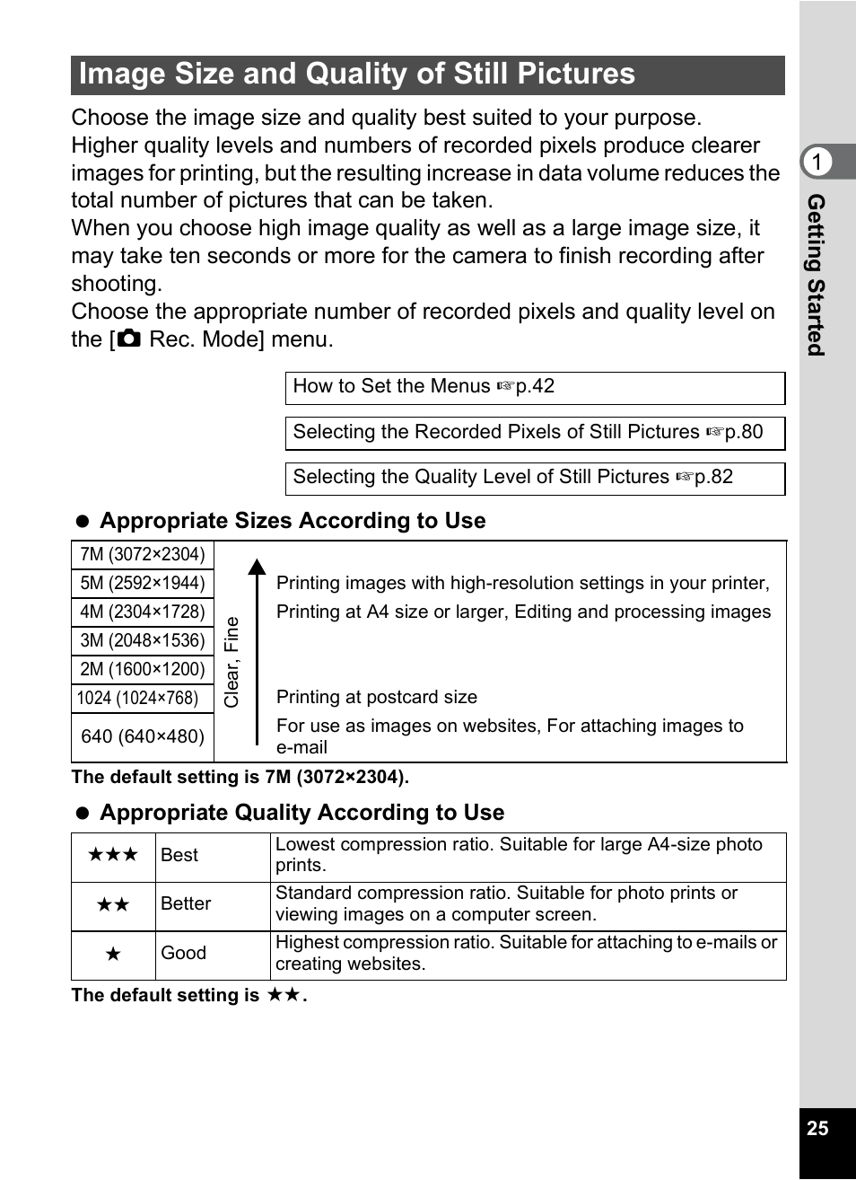 Image size and quality of still pictures | Pentax Optios7 User Manual | Page 27 / 192